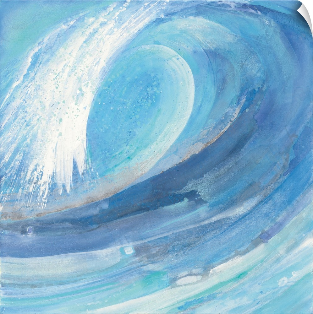 A painting of a blue ocean wave curling in on itself.