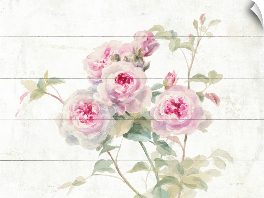 Decorative artwork featuring romantic watercolor roses over white wood boards.