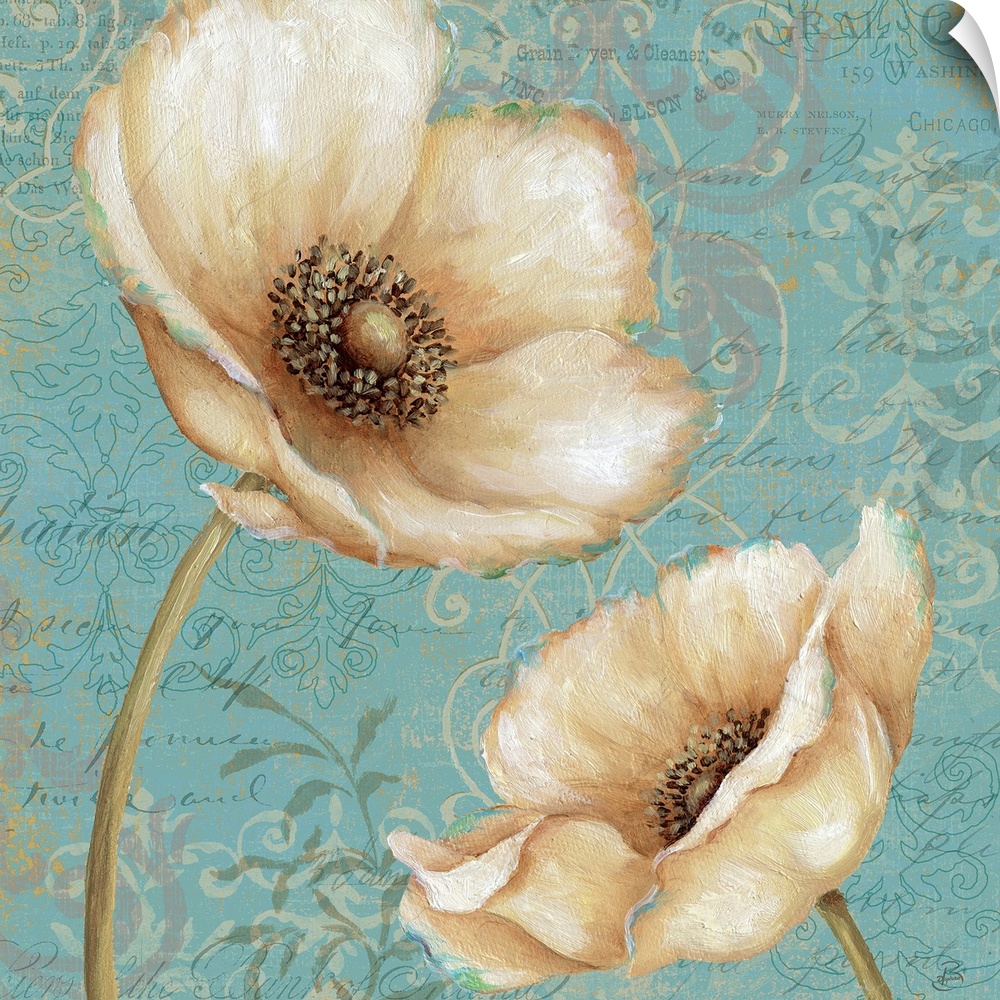 Big floral art emphasizes a close-up of two flowers in front of a muted backdrop filled with intricate designs and text