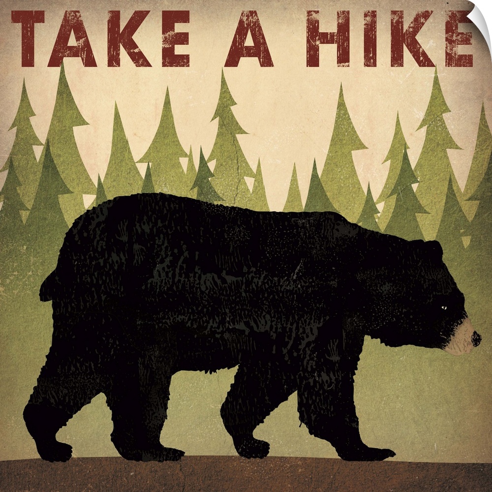 Contemporary cabin decor artwork of a black bear sign for hiking.