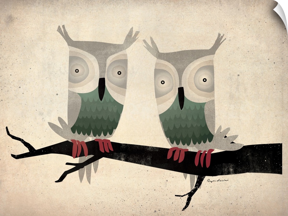 Horizontal, large artwork of two owls perched on a single branch, on a neutral, speckled background.