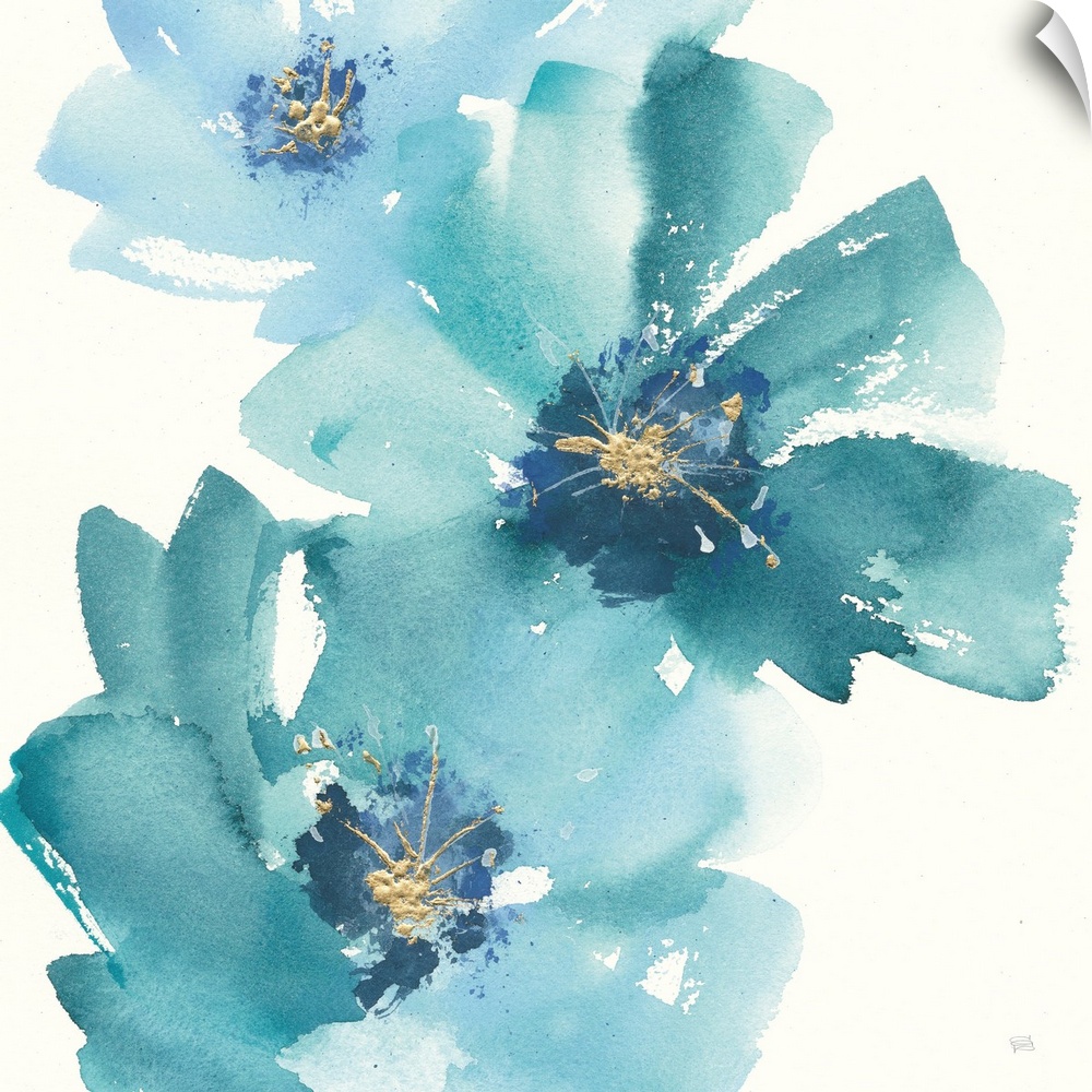 Large square contemporary painting of teal flowers with accents of gold.