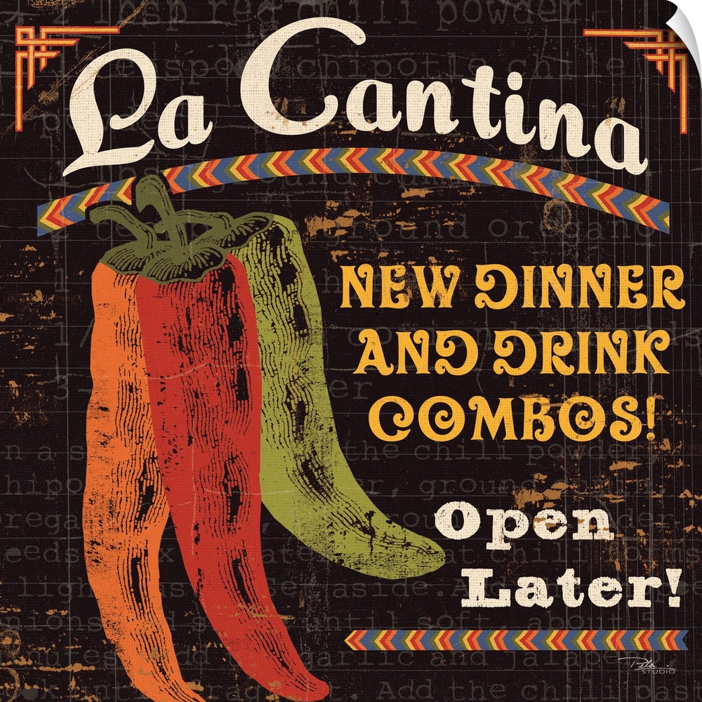 Contemporary artwork of a rustic looking food sign with chili peppers to the left of the image, and text all around.
