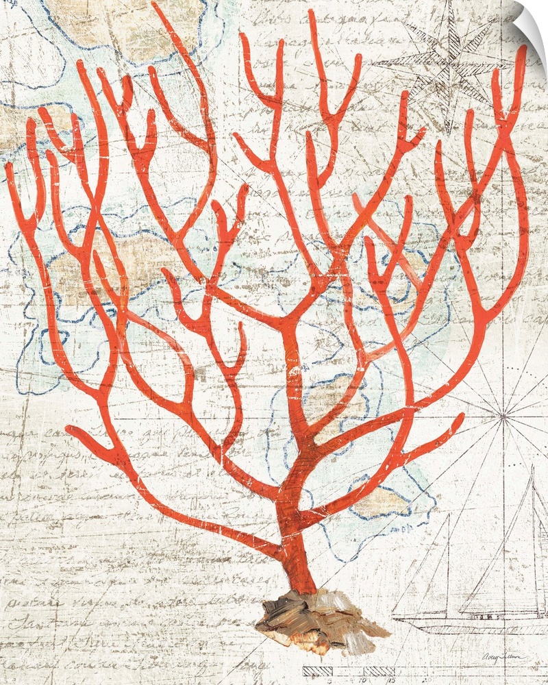 Vintage stylized illustration of red coral against a vintage map background.