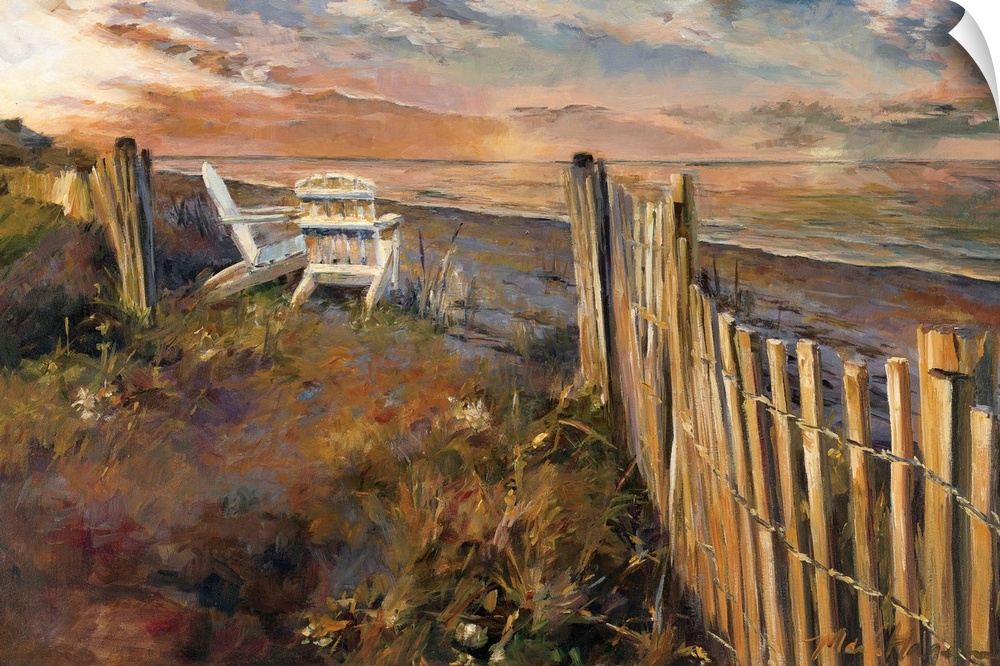 A contemporary impressionistic painting of Adirondack chairs on dune looking out to sea.