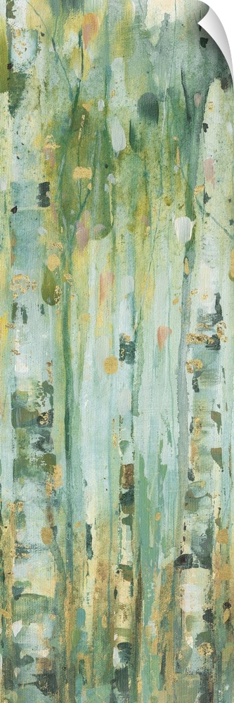 Tall and skinny vertical contemporary abstract painting with lines of green, blue, yellow, and gold hues running verticall...