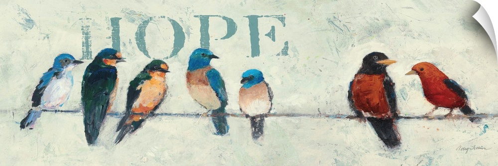 Contemporary artwork of garden birds perched on a wire, with the word "Hope" in the background.