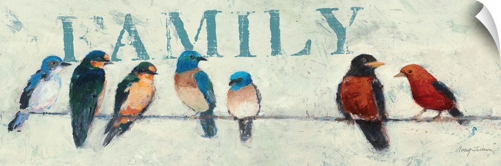 Contemporary painting of garden birds sitting a wire, with the word "Family" in the background.