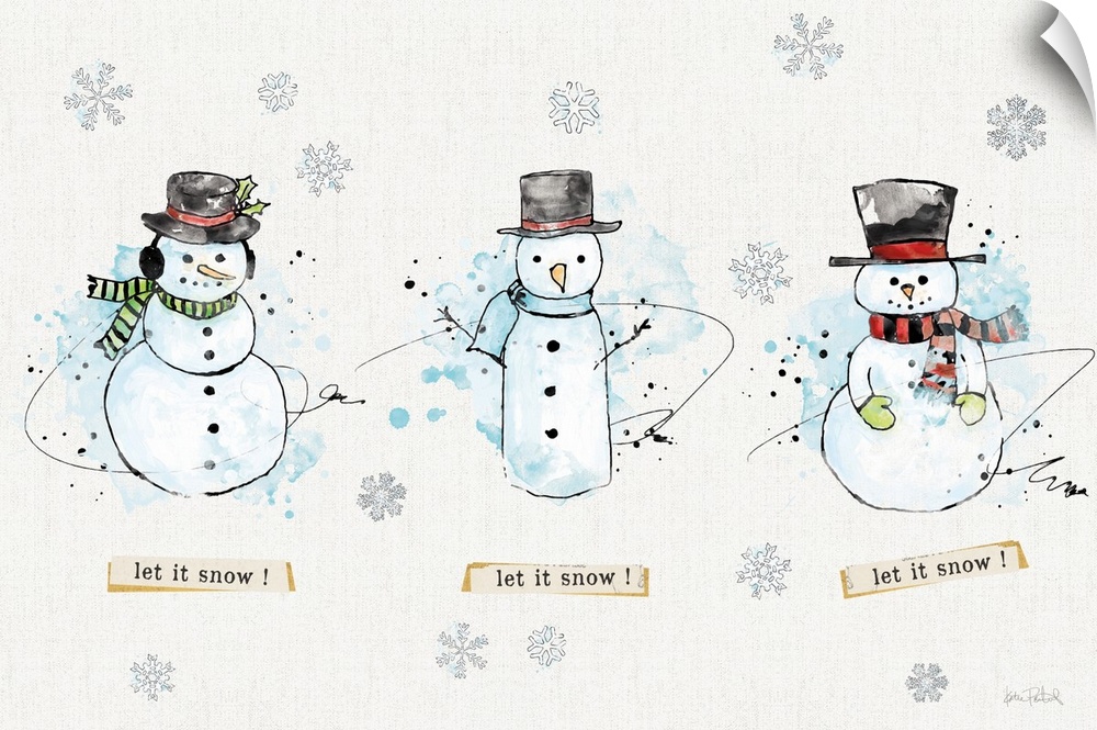 Decorative artwork of snowmen with the text "let it snow! let it snow! let it snow!" and a neutral linen textured background.