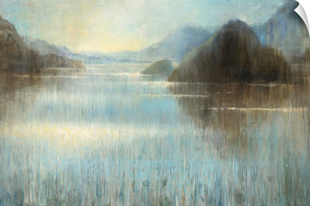 Large abstract painting of a misty lake landscape with large rocks.
