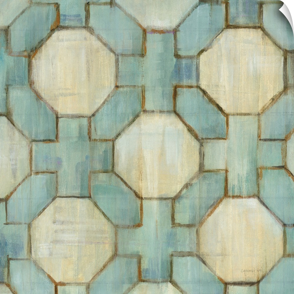 Square abstract painting of a tiled design made up of hexagons and crosses with beige and teal hues.