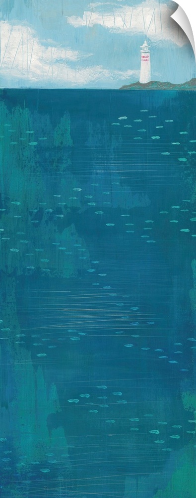 Contemporary artwork of a lighthouse seen in the distance across a dark blue sea.