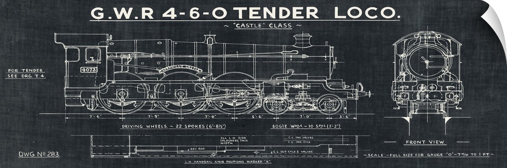 Vintage stylized blueprint of a train displaying side and front view.