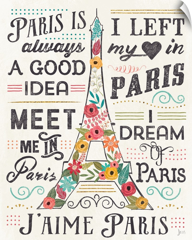 Floral Eiffel Tower illustration with Paris typography surrounding it.