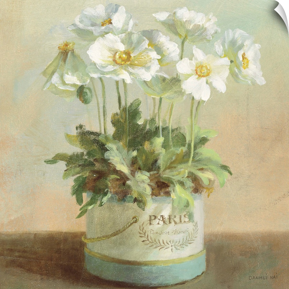 Contemporary painting of a bouquet of flowers in a planter, sitting on a table.