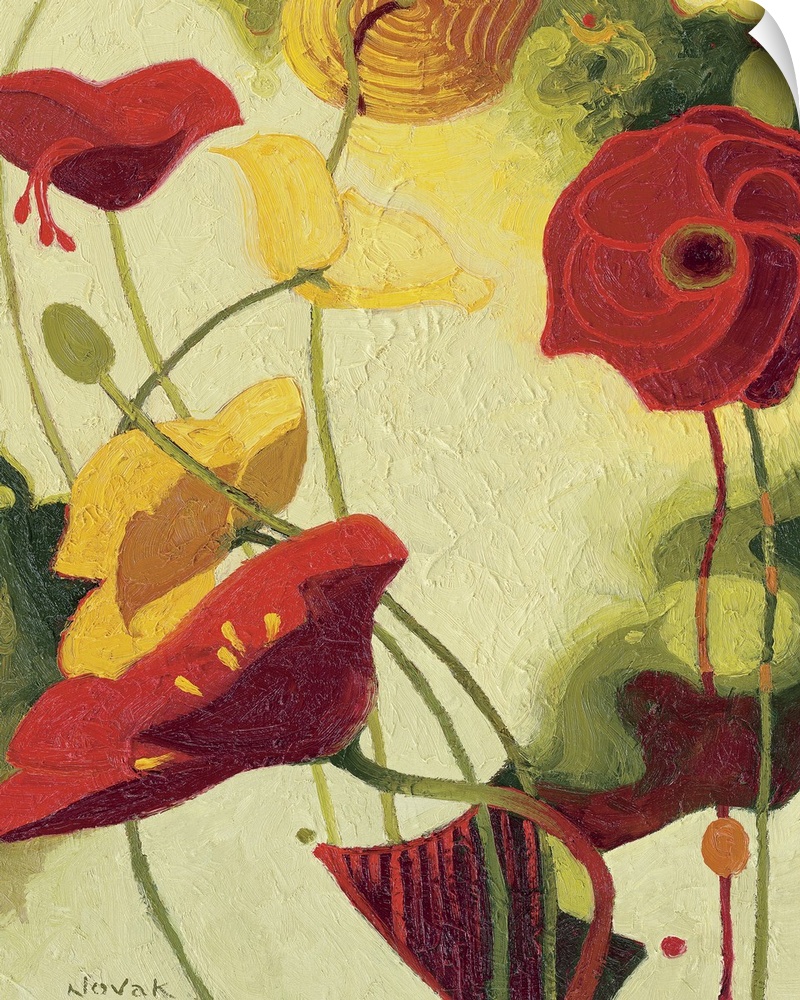 Contemporary painting of tall flowers varying in size, shape, and color.
