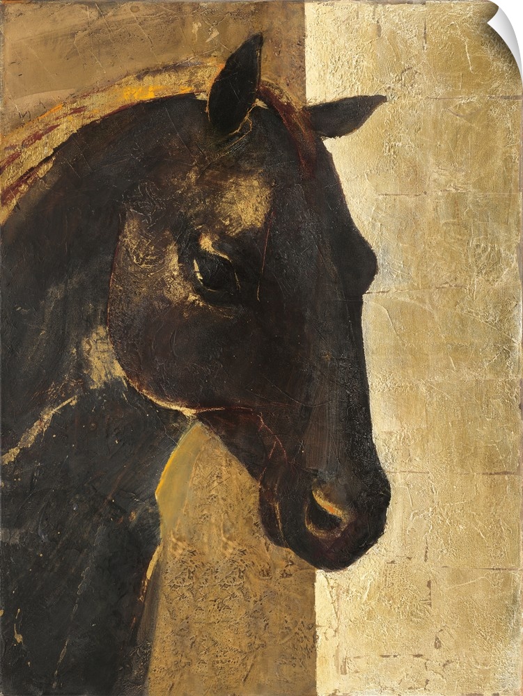 A contemporary painting of a horse portrait in gold and black.
