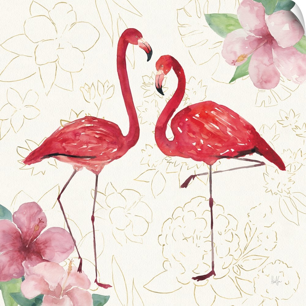 Square watercolor painting of two flamingos with hibiscuses in the corners on a white textured background with metallic go...
