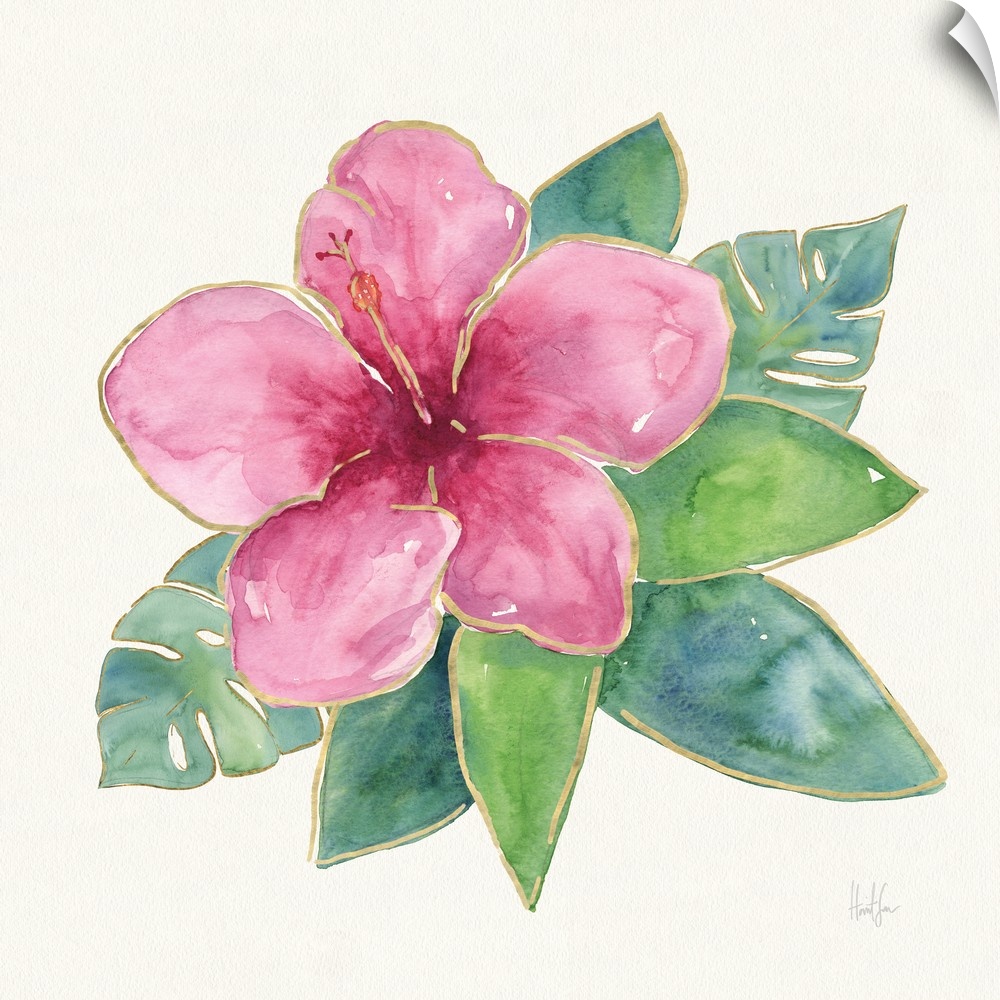 Watercolor painting of a pink hibiscus flower with metallic gold trim.