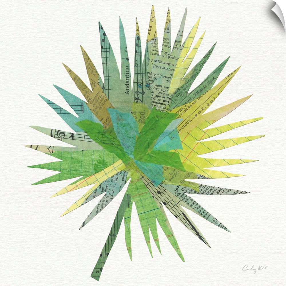 Square decor with a green, blue, and yellow toned palm leaf made out with mixed media.