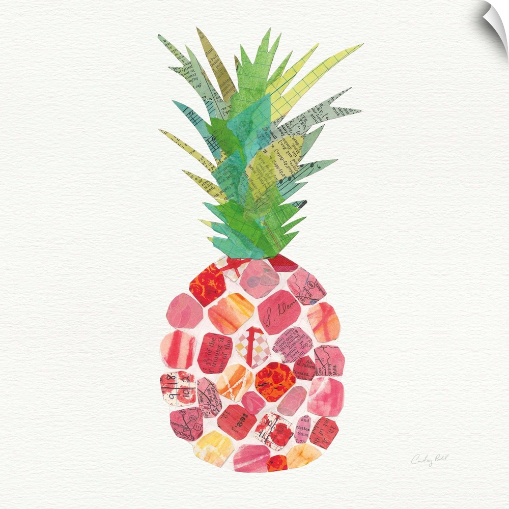 Square decor with a warm toned pineapple created with mixed media on a white background.
