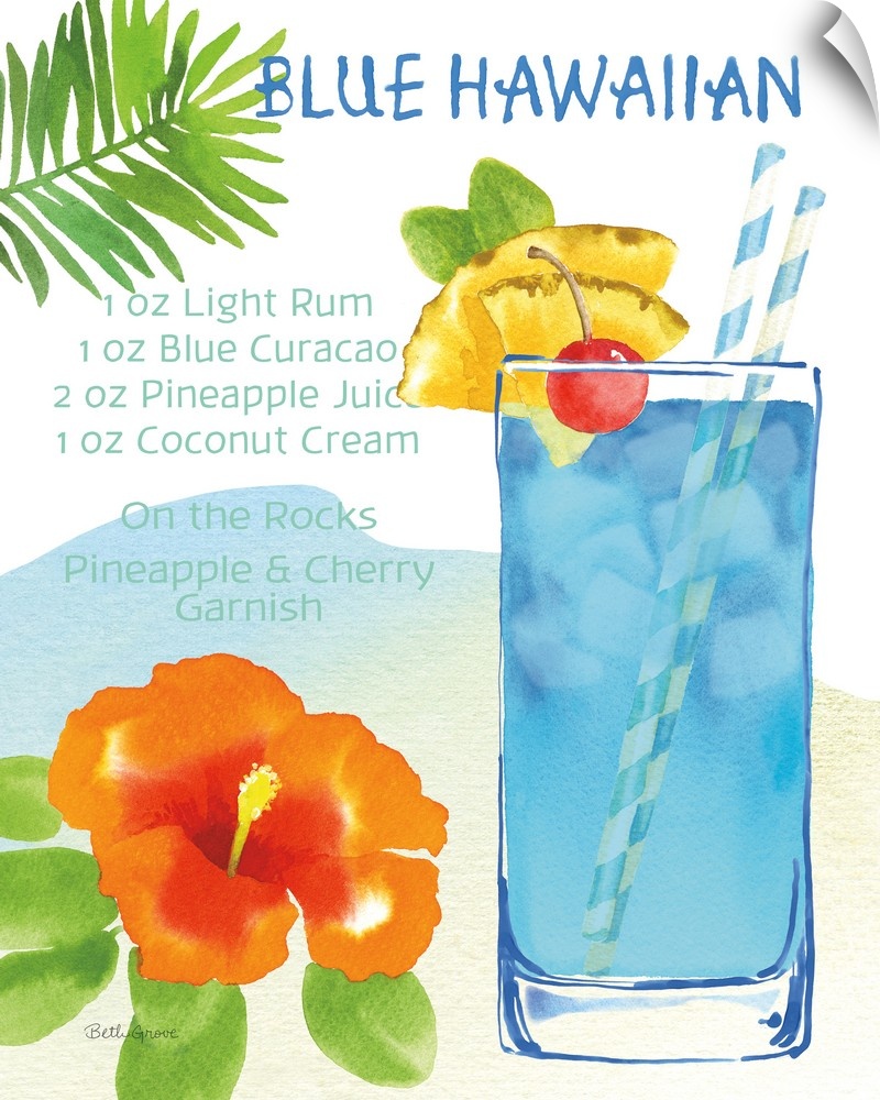 Decorative artwork of a Blue Hawaiian cocktail with tropical decorations and the ingredients written on the side.