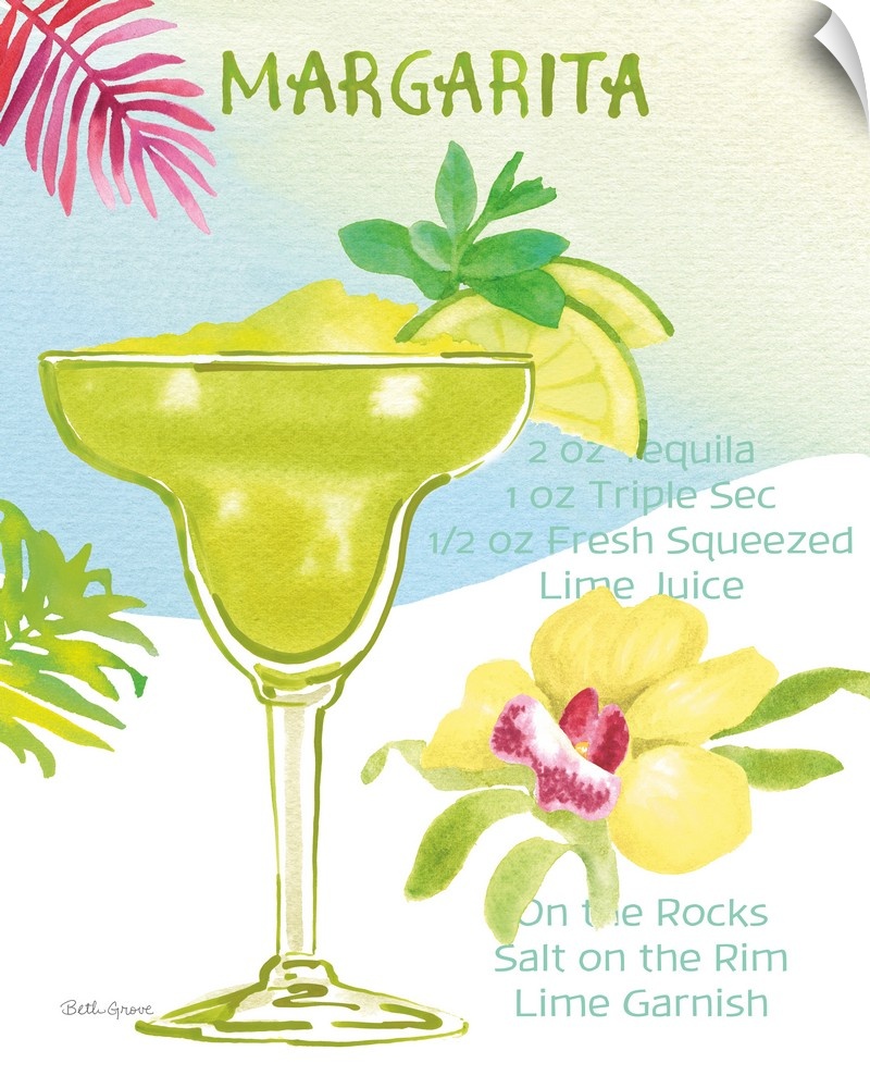 Decorative artwork of a Margarita cocktail with tropical decorations and the ingredients written on the side.