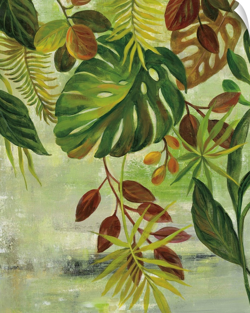 Contemporary painting of several different types of tropical leaves hanging from the top of the canvas on a green and gray...