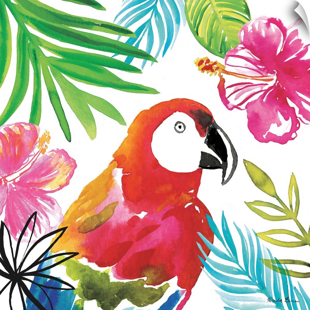 Vibrant painting of a parrot surrounded by tropical plants and flowers on a white square background.