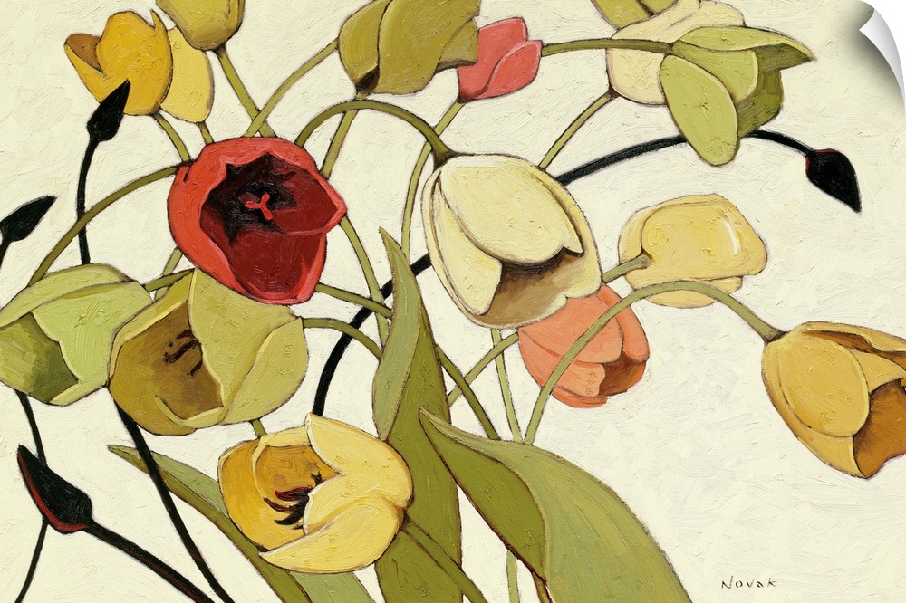 Contemporary painting of flower blooming surrounded by their leaves and other flower buds.