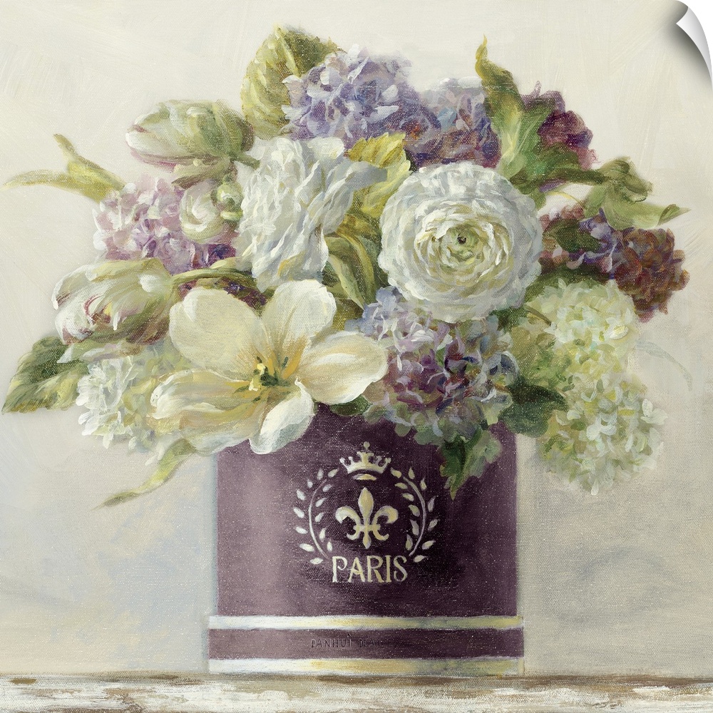 Still life painting of a hatbox filled with a variety of flowers against a soft background.