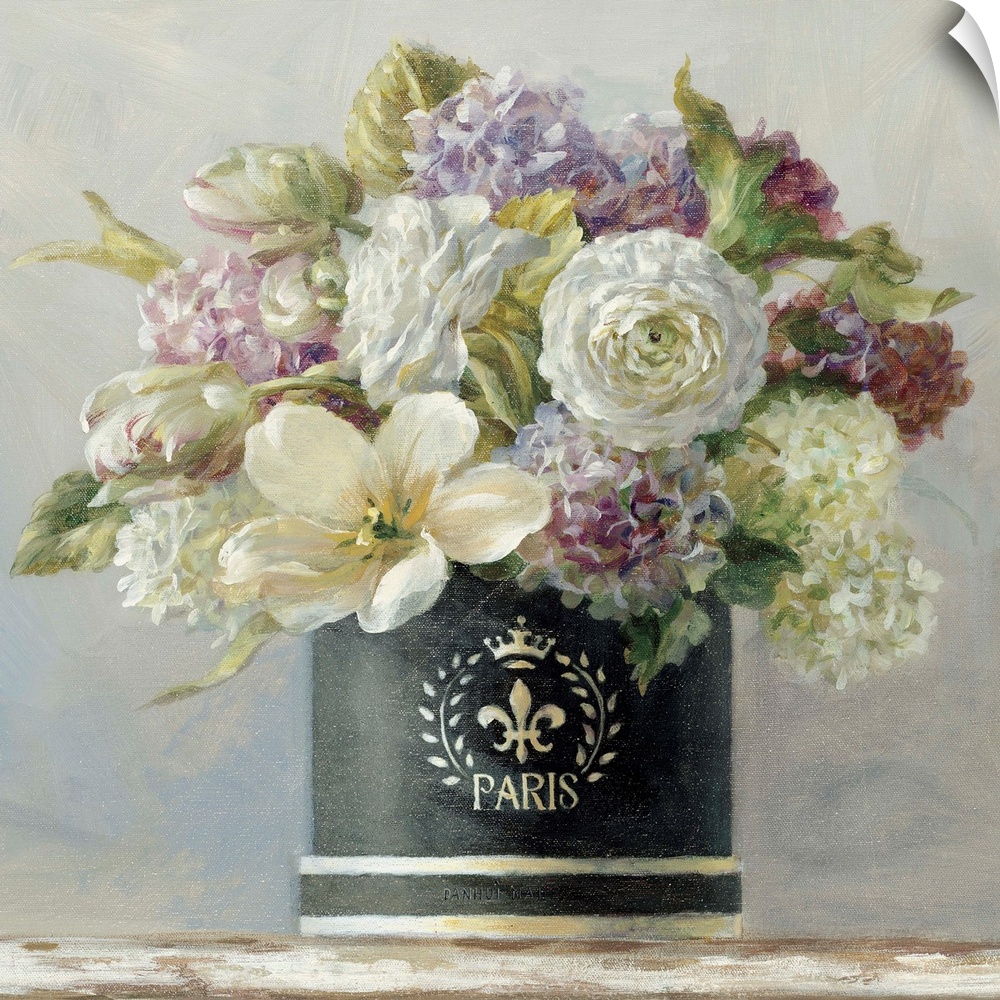 Contemporary painting of a bouquet of flowers in a planter, sitting on a table.