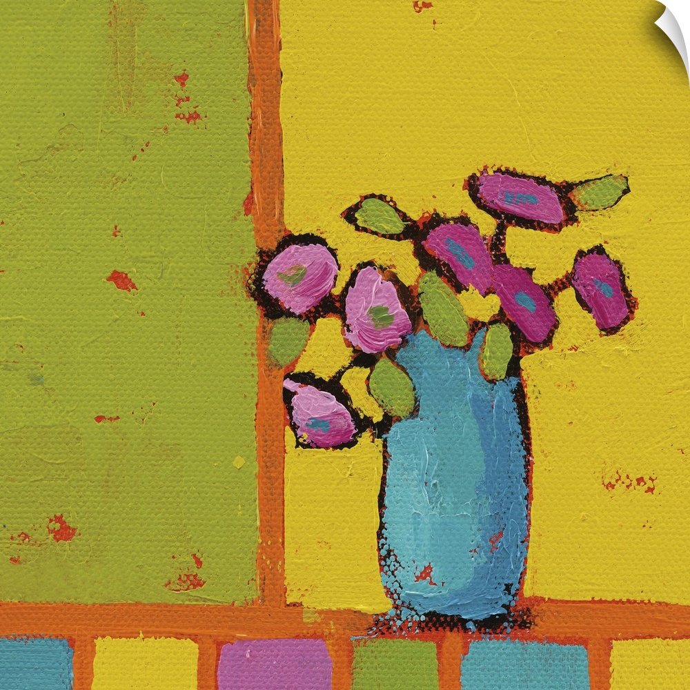 Bright square abstract painting of a turquoise vase filled with pink flowers on a multicolored background.