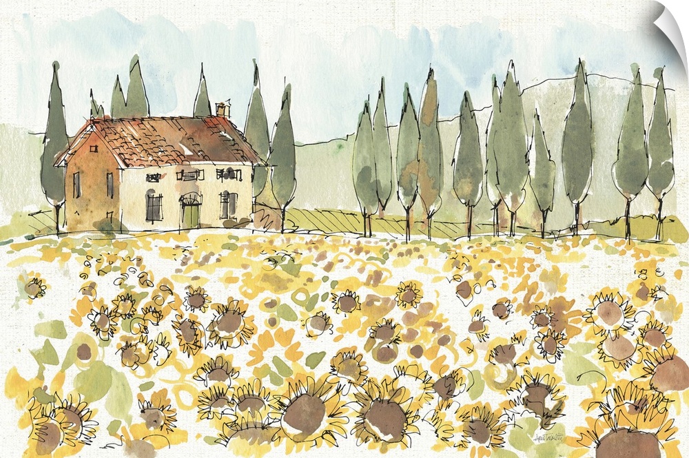 Watercolor painting of a Tuscan landscape with a field of sunflowers in the foreground.