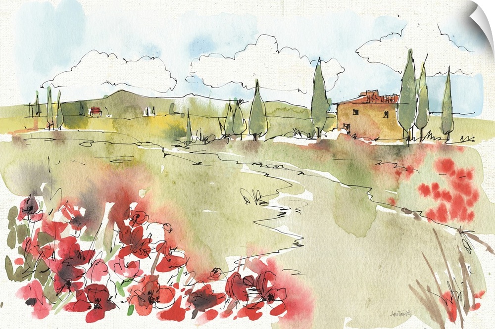 Watercolor painting of a Tuscan landscape with red flowers in the foreground.
