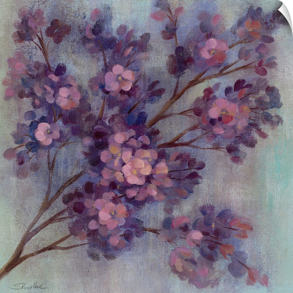 Painting of tree branch filled with small pastel colored flowers.