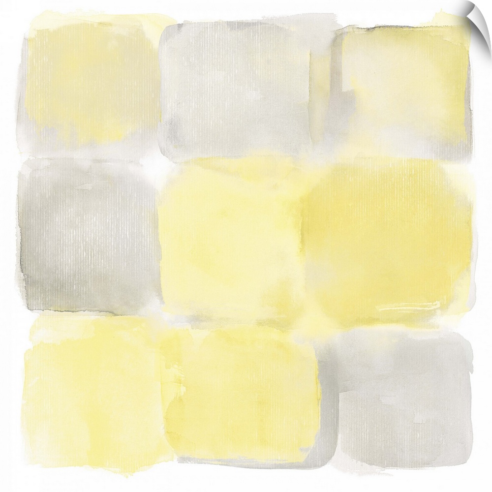 Simple watercolor painting of yellow and gray square shapes.