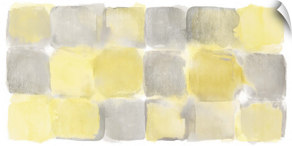 Watercolor abstract painting of yellow and grey squares.
