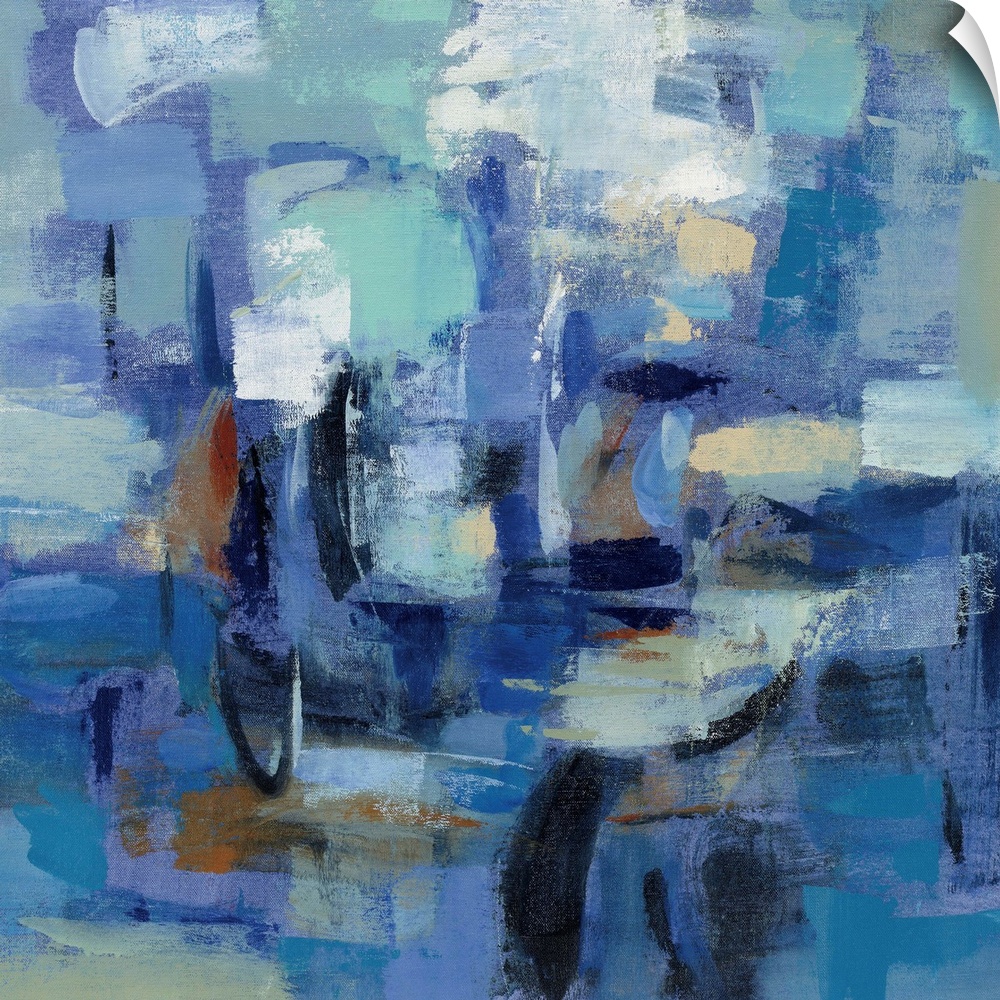 Contemporary abstract painting using a multitude of blue tones and bold textures.