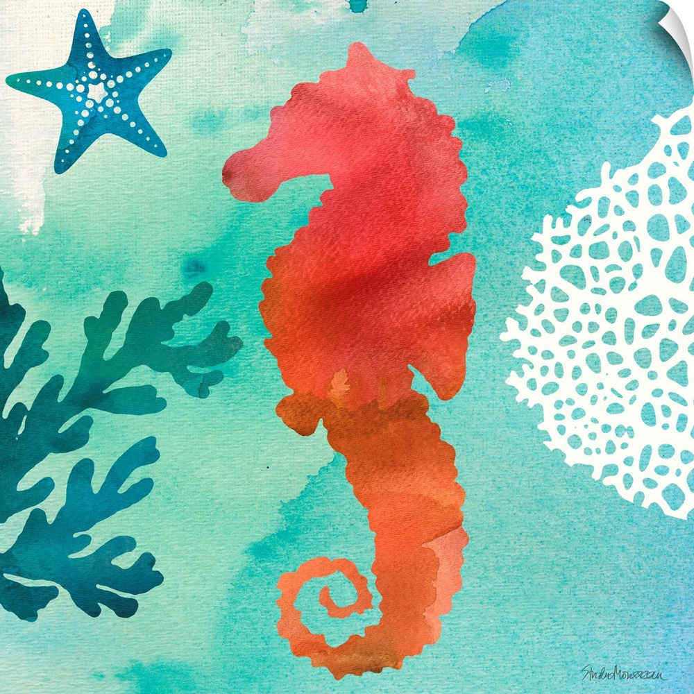A square contemporary watercolor design of a red seahorse with ocean elements.