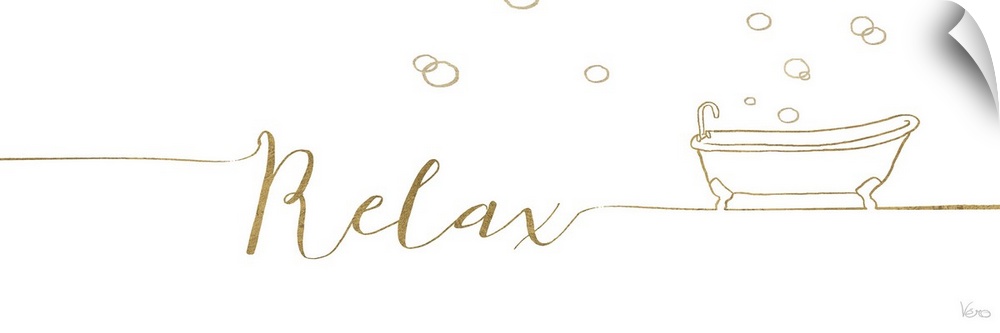 White and gold bathroom decor with the word "Relax" written on the side, an illustration of a bathtub, and floating bubble...