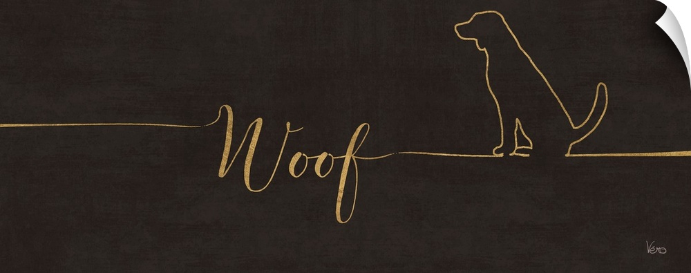 "Woof" with the outline of a dog sitting on a textured black background.