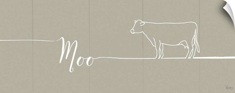 "Moo" with the outline of a cow on a beige plank background.
