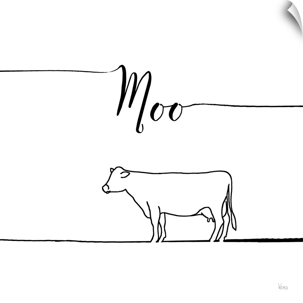 A simple black and white design of a cow with the text "Moo".