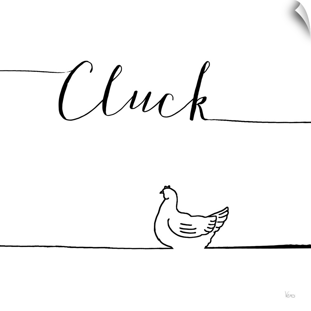 A simple black and white design of a chicken with the text "Cluck".