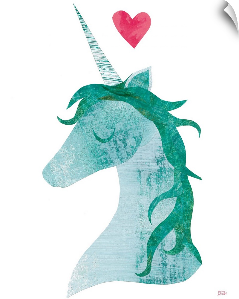 Whimsy cut and paste painting of a teal unicorn with a pink heart at the top.