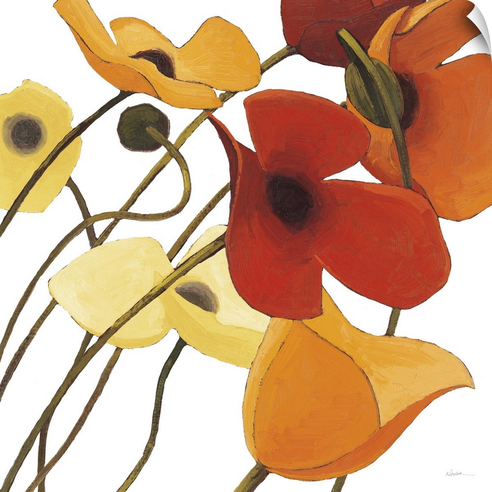 Large square contemporary painting of orange, yellow and red poppies.