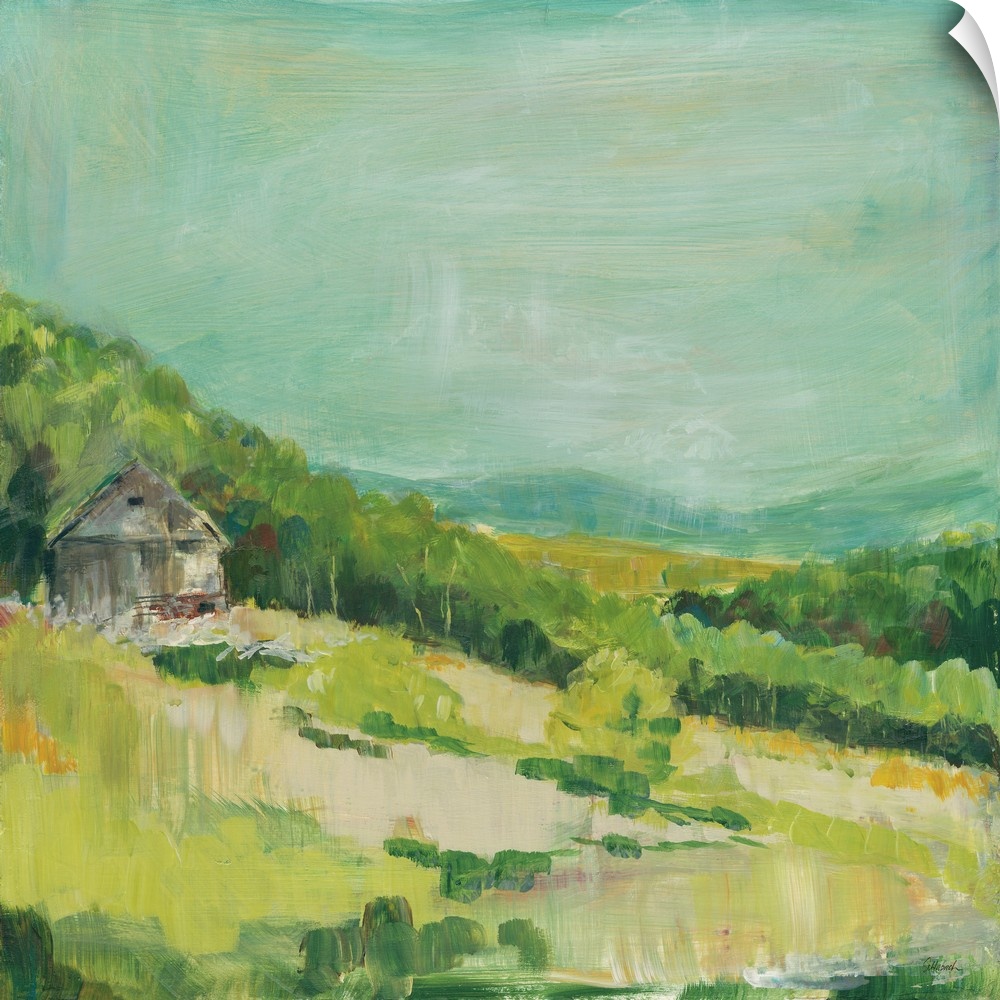 Contemporary painting of a small house on a hillside covered in green trees and grass.