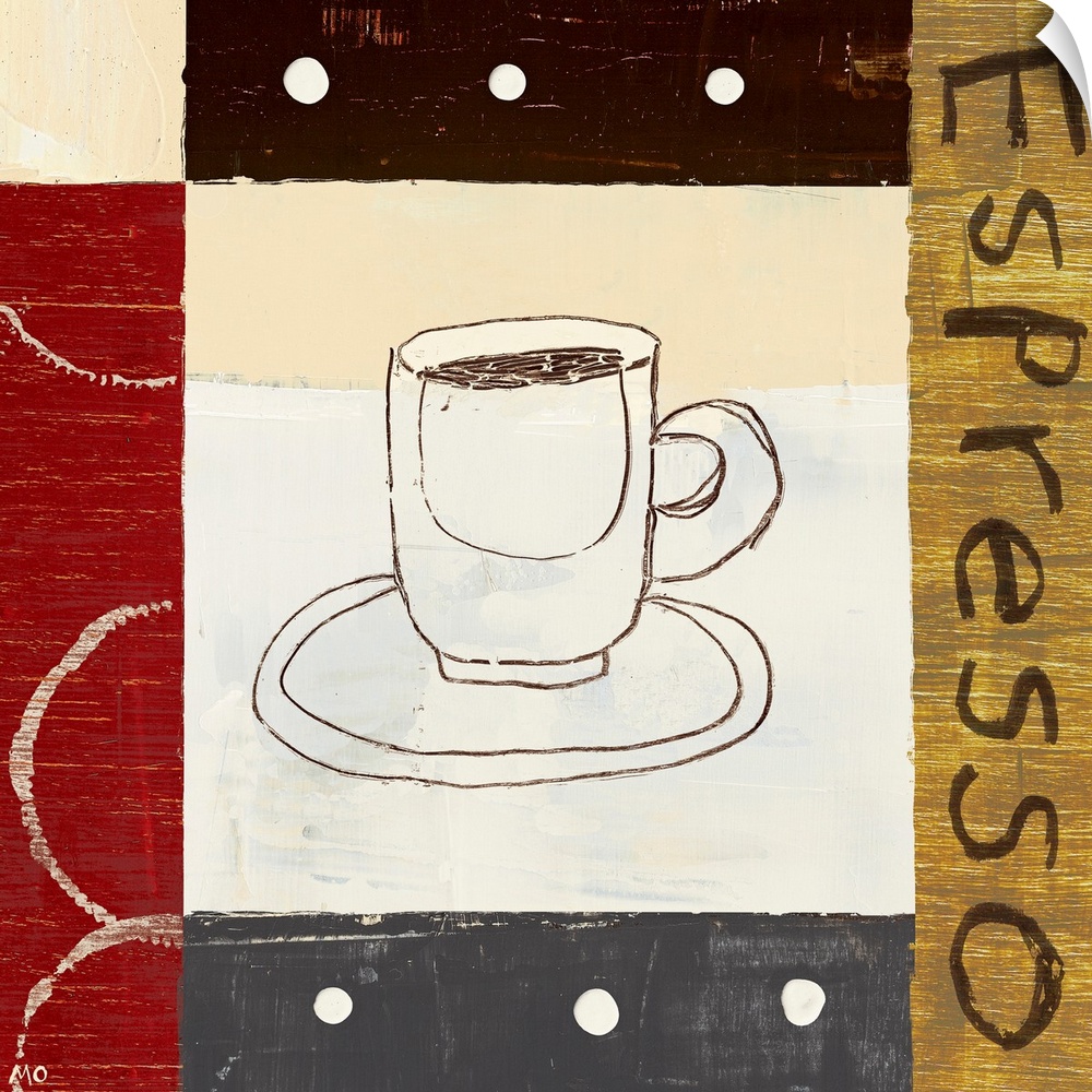 Square decorative wall art of a drawing of a cup of espresso surrounded by blocks of color and texture.