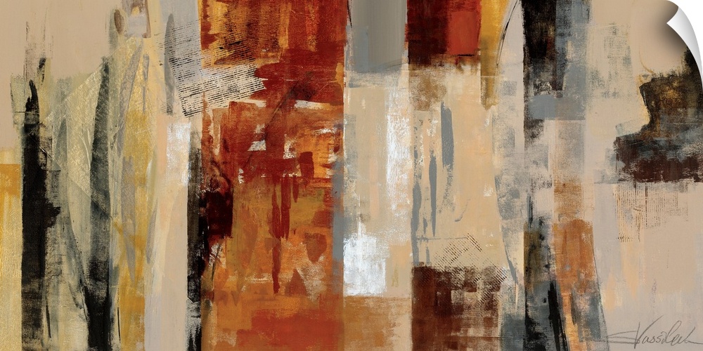 Panoramic abstract artwork with strong vertical movement implying skyscrapers.
